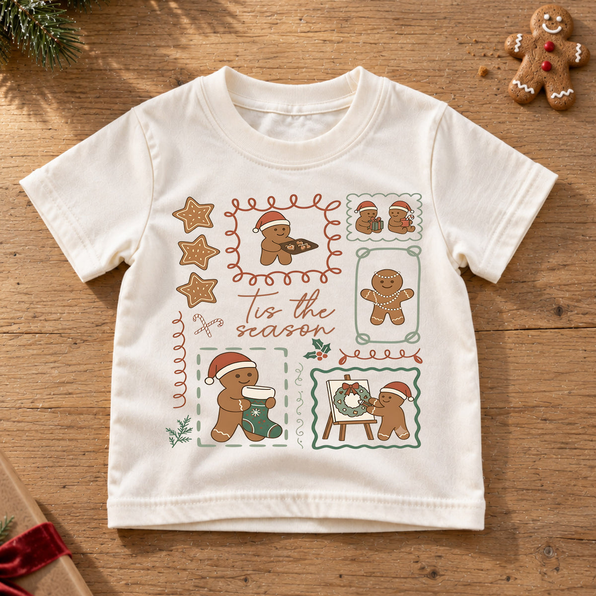 Vintage Gingerbread Stamps Shirt, Retro Holiday Cookie Tee, Festive Winter Icons Kids Top, Vintage Gingerbread Christmas Outfit, Gift — product view 6