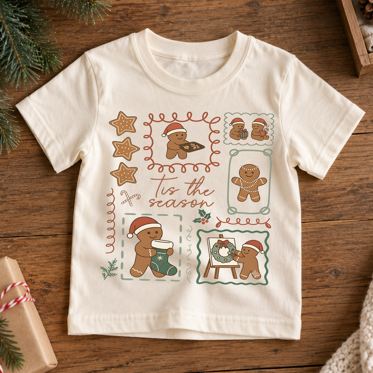 Vintage Gingerbread Stamps Shirt, Retro Holiday Cookie Tee, Festive Winter Icons Kids Top, Vintage Gingerbread Christmas Outfit, Gift — product view 7