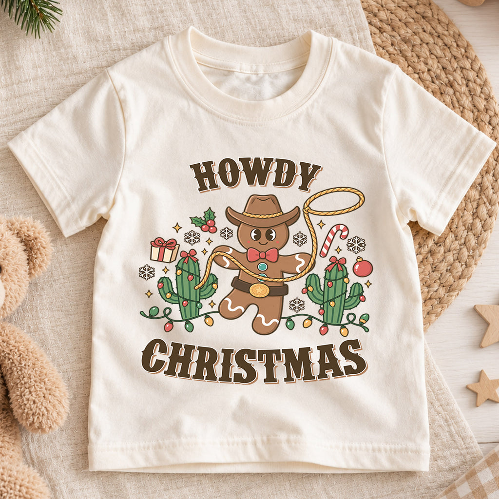 Howdy Christmas Cowboy Gingerbread Shirt, Western Holiday Kids Tee, Cute Cactus Xmas Top, Funny Cowboy Gingerbread Christmas Outfit, Gift — product view 1