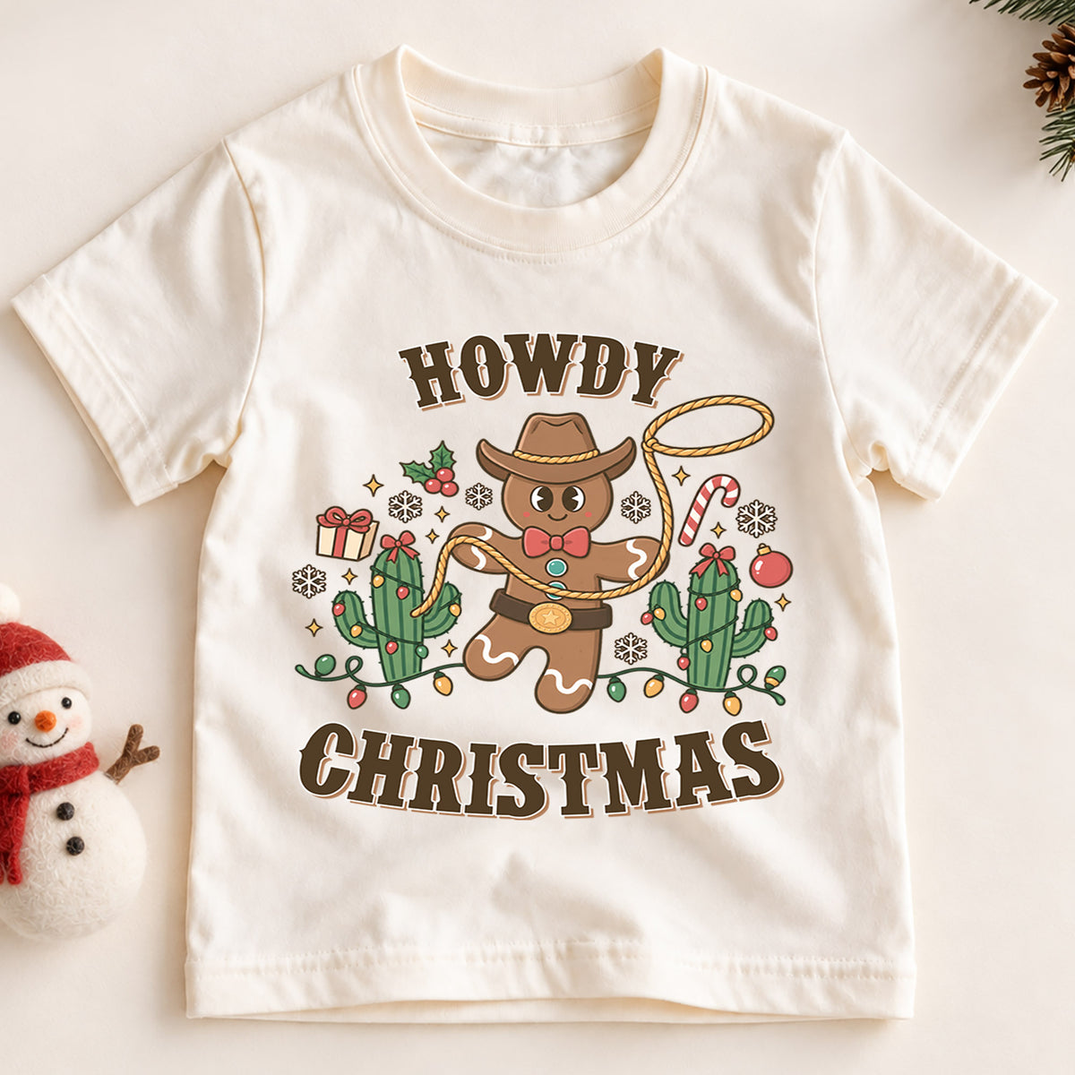 Howdy Christmas Cowboy Gingerbread Shirt, Western Holiday Kids Tee, Cute Cactus Xmas Top, Funny Cowboy Gingerbread Christmas Outfit, Gift — product view 2