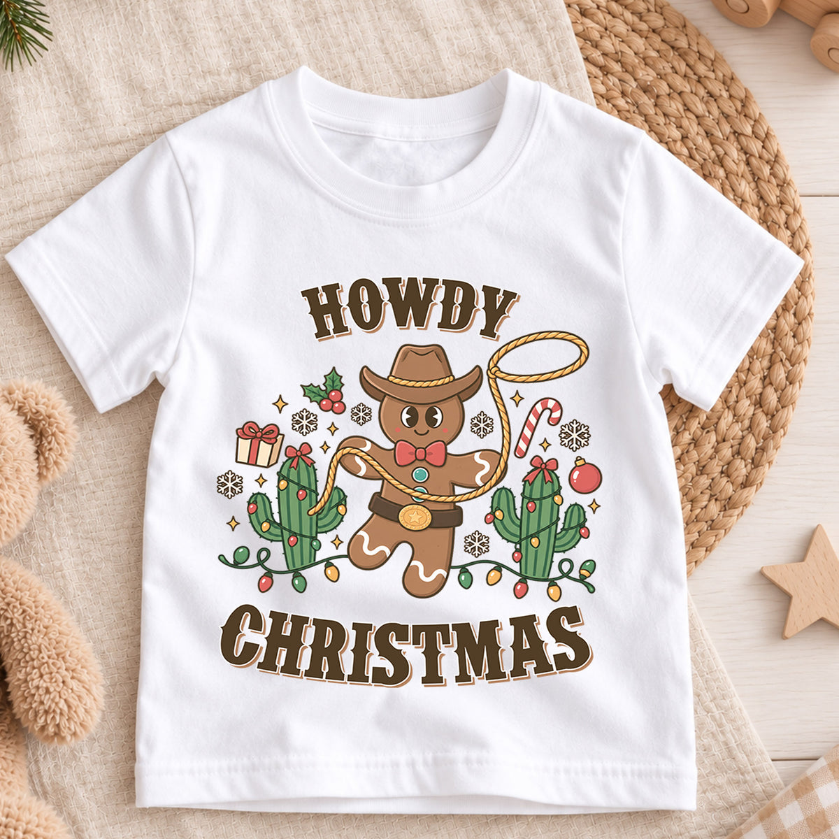 Howdy Christmas Cowboy Gingerbread Shirt, Western Holiday Kids Tee, Cute Cactus Xmas Top, Funny Cowboy Gingerbread Christmas Outfit, Gift — product view 3