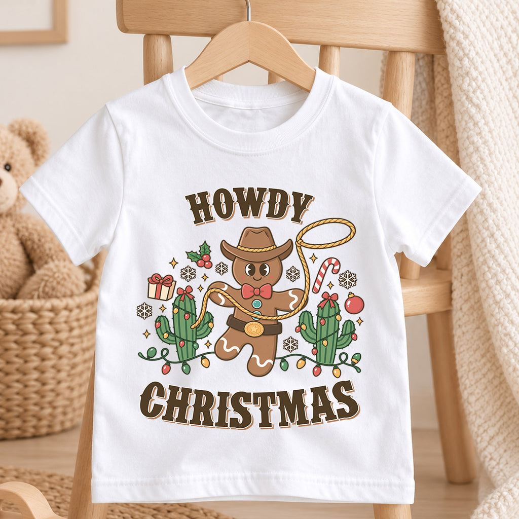 Howdy Christmas Cowboy Gingerbread Shirt, Western Holiday Kids Tee, Cute Cactus Xmas Top, Funny Cowboy Gingerbread Christmas Outfit, Gift — product view 4