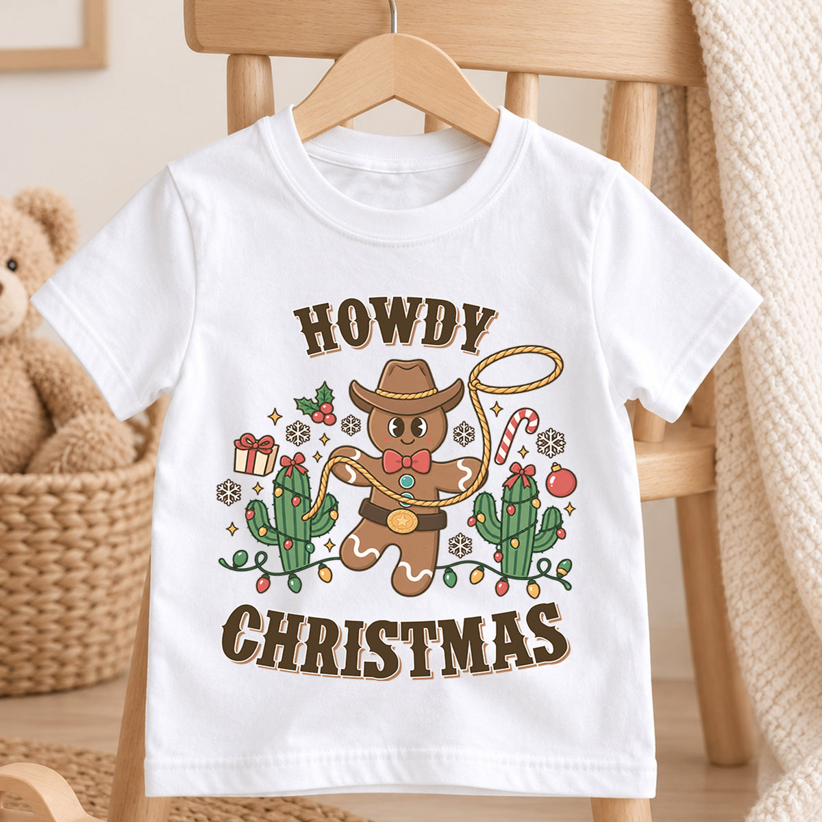 Howdy Christmas Cowboy Gingerbread Shirt, Western Holiday Kids Tee, Cute Cactus Xmas Top, Funny Cowboy Gingerbread Christmas Outfit, Gift — product view 4