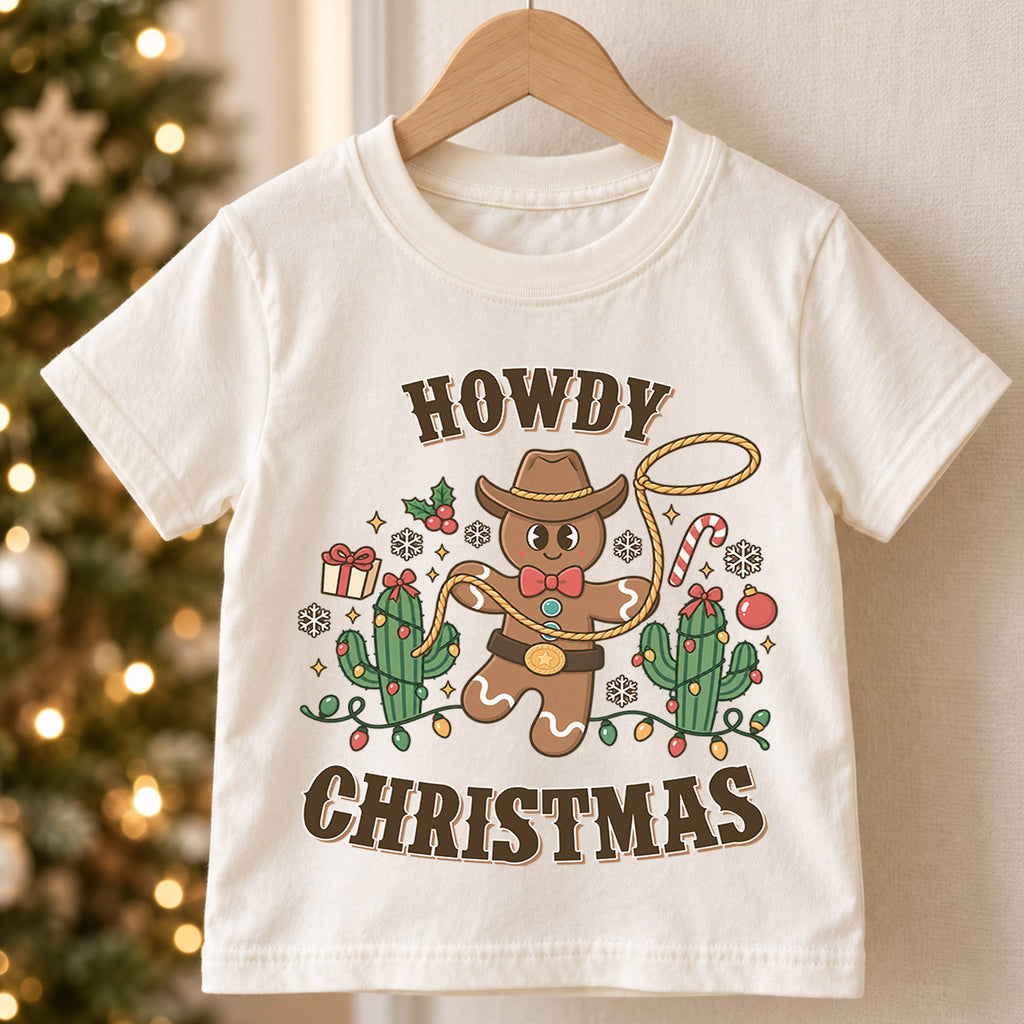 Howdy Christmas Cowboy Gingerbread Shirt, Western Holiday Kids Tee, Cute Cactus Xmas Top, Funny Cowboy Gingerbread Christmas Outfit, Gift — product view 5