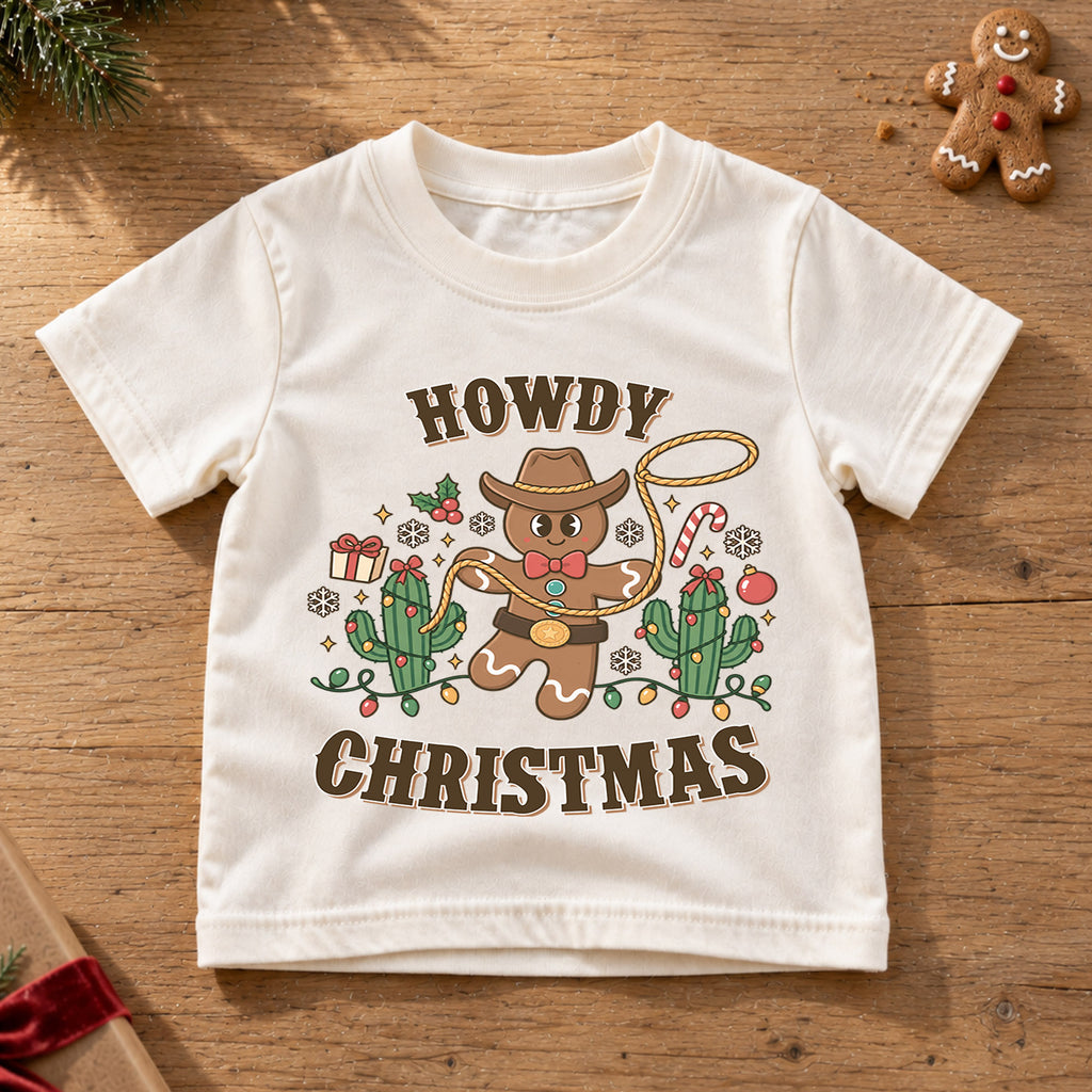 Howdy Christmas Cowboy Gingerbread Shirt, Western Holiday Kids Tee, Cute Cactus Xmas Top, Funny Cowboy Gingerbread Christmas Outfit, Gift — product view 6