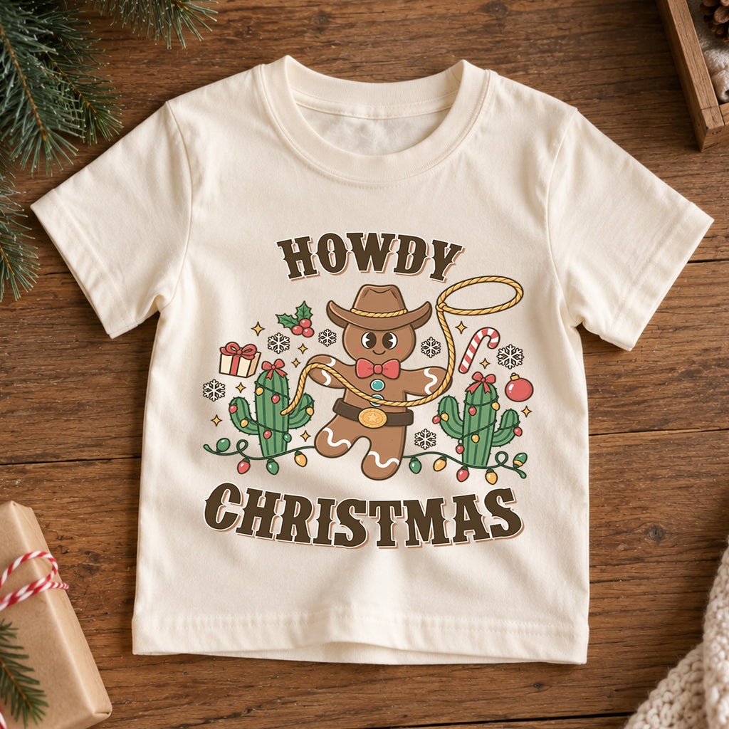 Howdy Christmas Cowboy Gingerbread Shirt, Western Holiday Kids Tee, Cute Cactus Xmas Top, Funny Cowboy Gingerbread Christmas Outfit, Gift — product view 7