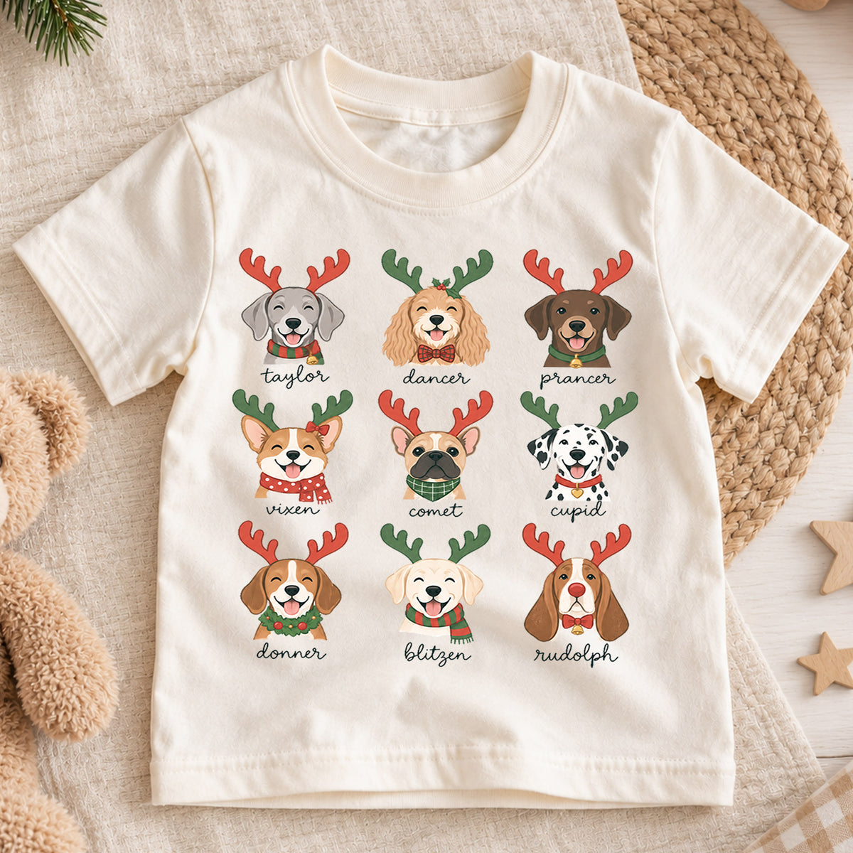 Cute Christmas Dogs Reindeer Names Shirt, Festive Holiday Puppies Tee, Winter Kids Top, Cute Dog Christmas Outfit, Gift — product view 1