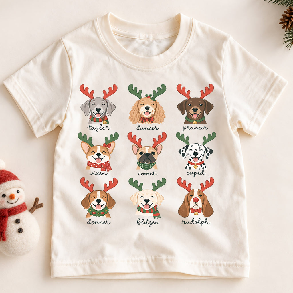Cute Christmas Dogs Reindeer Names Shirt, Festive Holiday Puppies Tee, Winter Kids Top, Cute Dog Christmas Outfit, Gift — product view 2