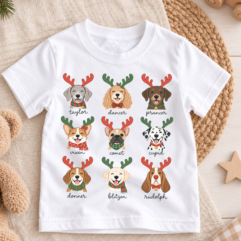 Cute Christmas Dogs Reindeer Names Shirt, Festive Holiday Puppies Tee, Winter Kids Top, Cute Dog Christmas Outfit, Gift — product view 3