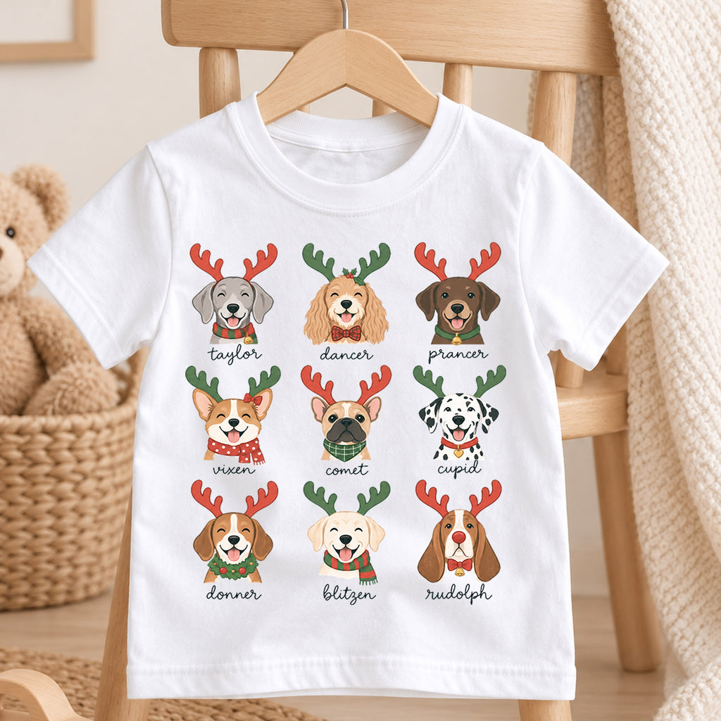 Cute Christmas Dogs Reindeer Names Shirt, Festive Holiday Puppies Tee, Winter Kids Top, Cute Dog Christmas Outfit, Gift — product view 4