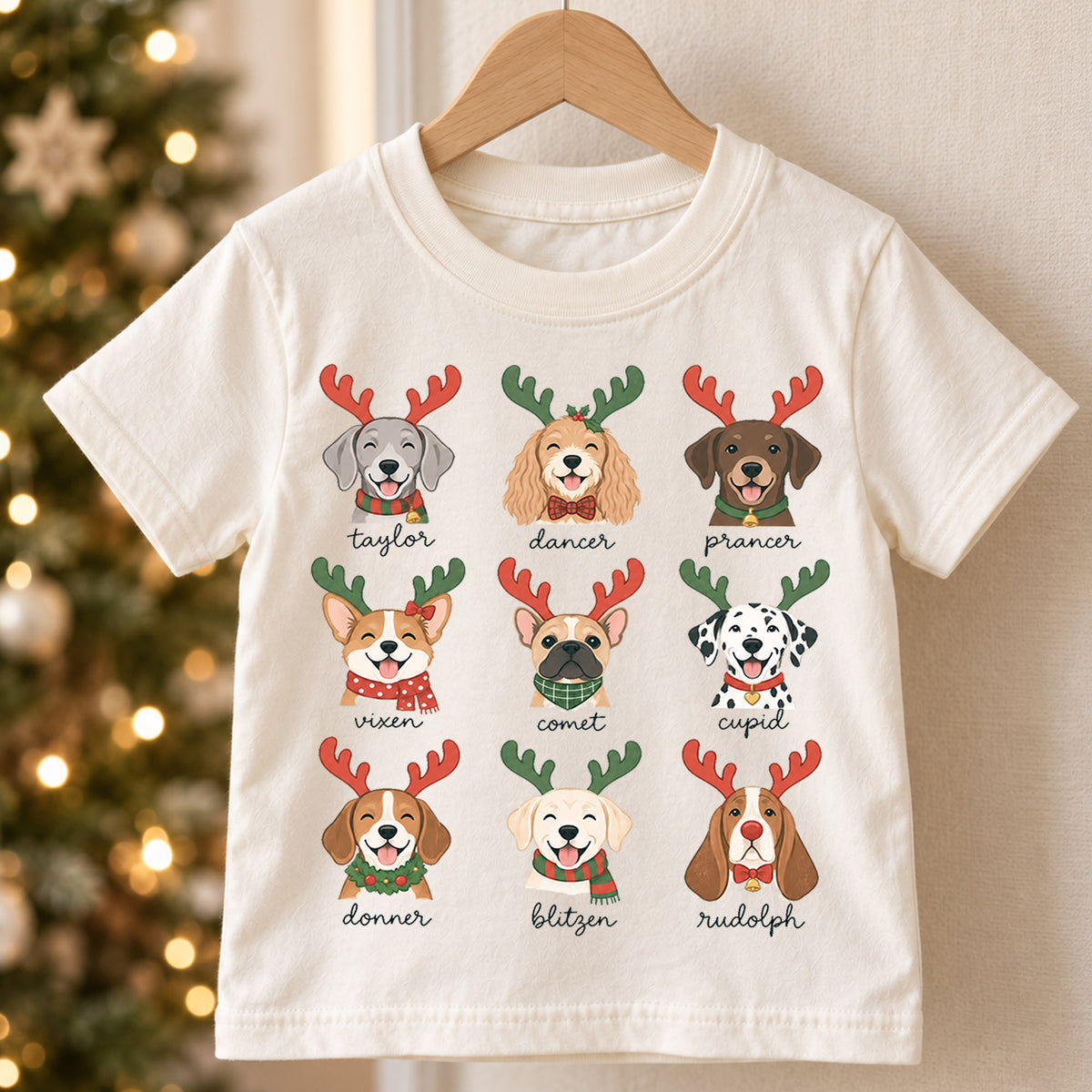 Cute Christmas Dogs Reindeer Names Shirt, Festive Holiday Puppies Tee, Winter Kids Top, Cute Dog Christmas Outfit, Gift — product view 5