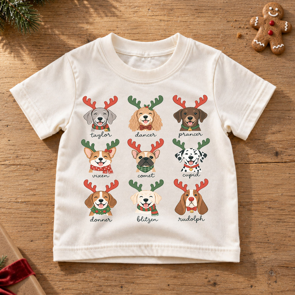 Cute Christmas Dogs Reindeer Names Shirt, Festive Holiday Puppies Tee, Winter Kids Top, Cute Dog Christmas Outfit, Gift — product view 6