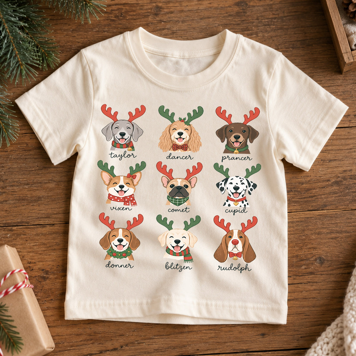 Cute Christmas Dogs Reindeer Names Shirt, Festive Holiday Puppies Tee, Winter Kids Top, Cute Dog Christmas Outfit, Gift — product view 7