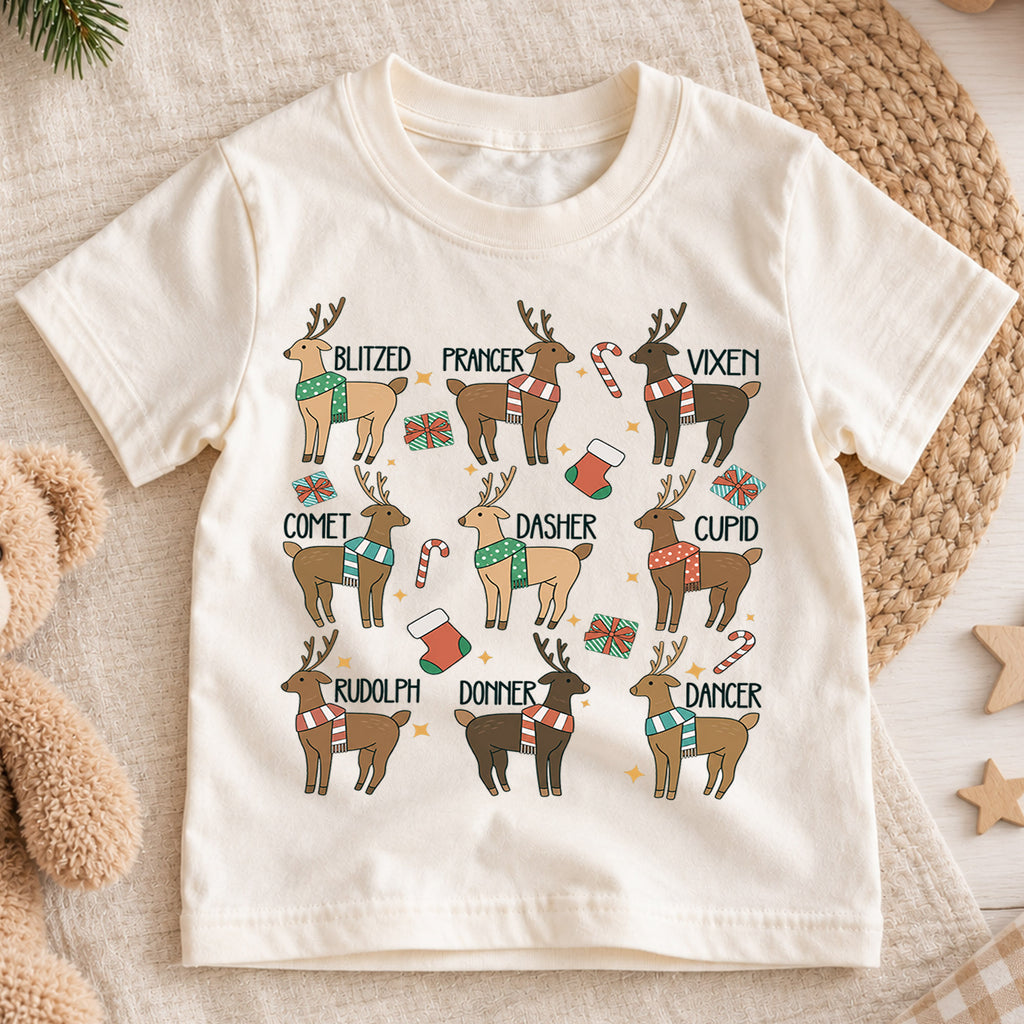 Vintage Reindeer Names Christmas Shirt, Retro Holiday Deer Tee, Festive Winter Kids Top, Cute Woodland Reindeer Christmas Outfit, Gift — product view 1