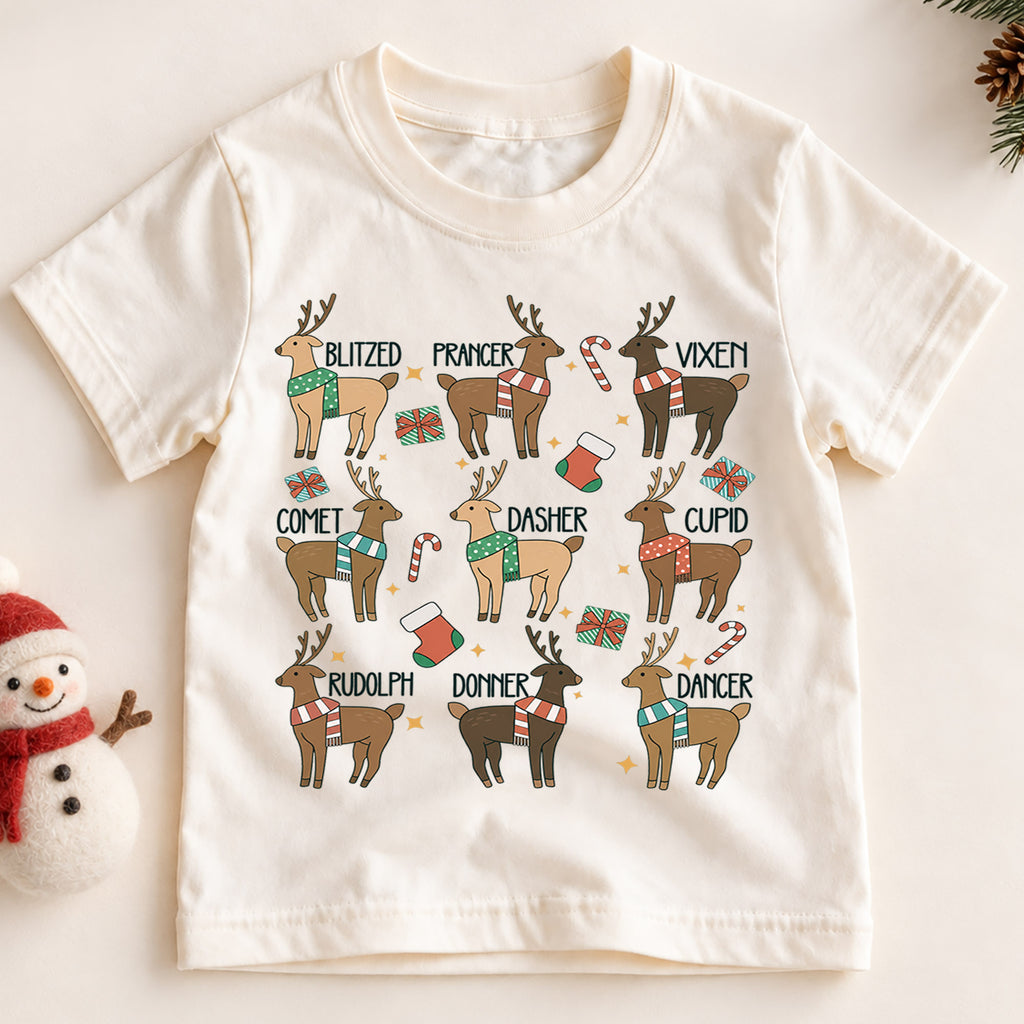 Vintage Reindeer Names Christmas Shirt, Retro Holiday Deer Tee, Festive Winter Kids Top, Cute Woodland Reindeer Christmas Outfit, Gift — product view 2