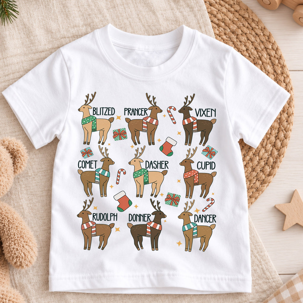 Vintage Reindeer Names Christmas Shirt, Retro Holiday Deer Tee, Festive Winter Kids Top, Cute Woodland Reindeer Christmas Outfit, Gift — product view 3