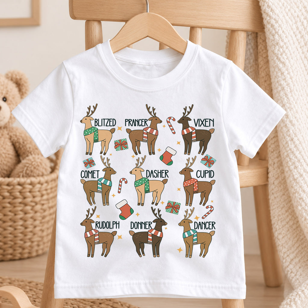 Vintage Reindeer Names Christmas Shirt, Retro Holiday Deer Tee, Festive Winter Kids Top, Cute Woodland Reindeer Christmas Outfit, Gift — product view 4