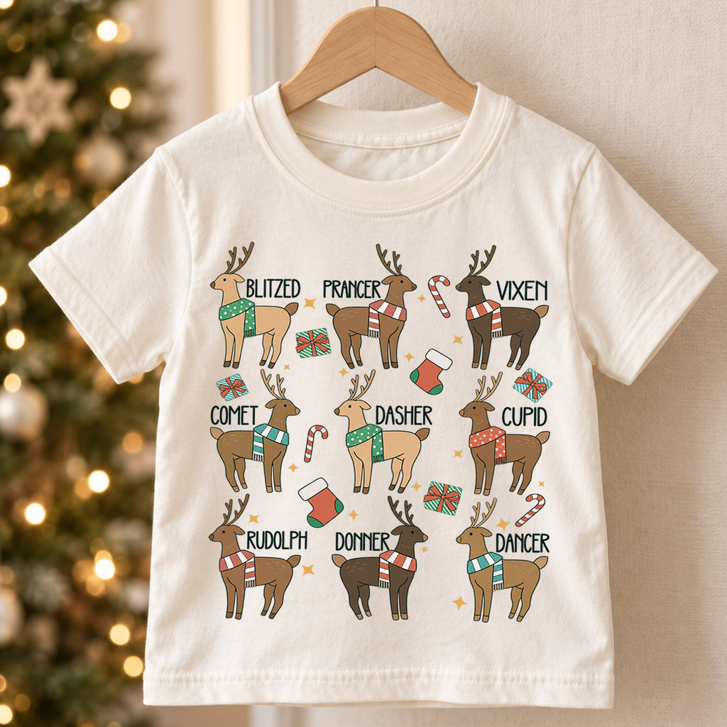 Vintage Reindeer Names Christmas Shirt, Retro Holiday Deer Tee, Festive Winter Kids Top, Cute Woodland Reindeer Christmas Outfit, Gift — product view 5