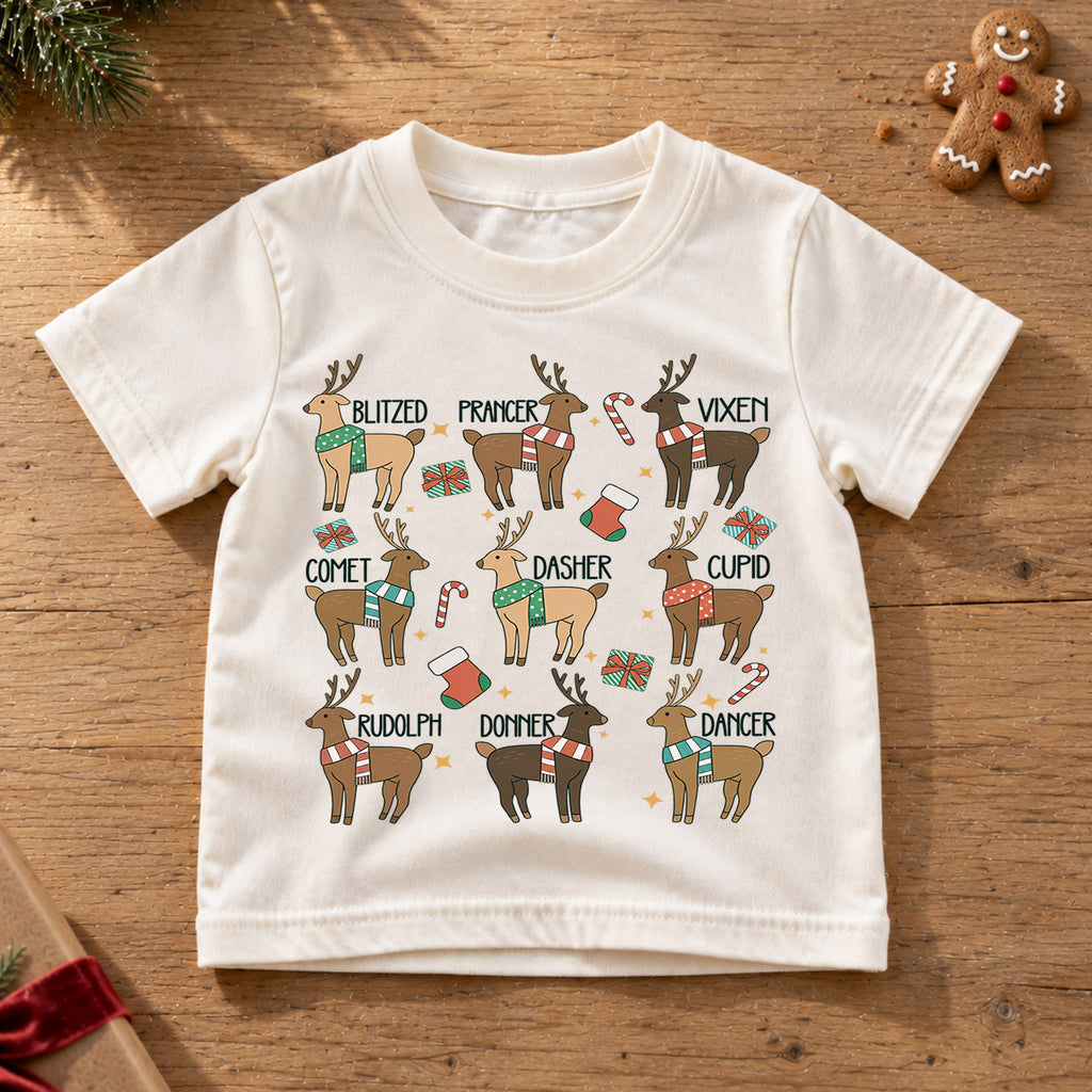 Vintage Reindeer Names Christmas Shirt, Retro Holiday Deer Tee, Festive Winter Kids Top, Cute Woodland Reindeer Christmas Outfit, Gift — product view 6
