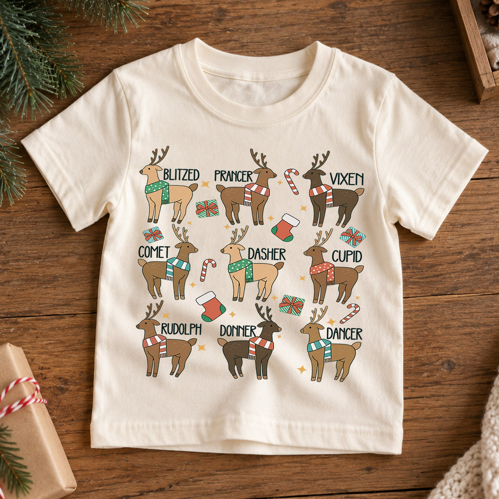 Vintage Reindeer Names Christmas Shirt, Retro Holiday Deer Tee, Festive Winter Kids Top, Cute Woodland Reindeer Christmas Outfit, Gift — product view 7