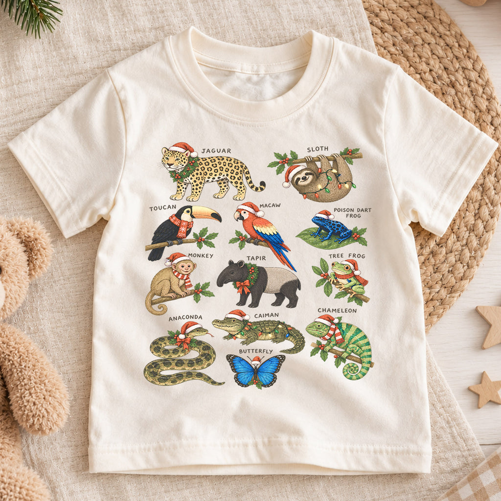Rainforest Animals Christmas Shirt, Tropical Jungle Kids T-Shirt, Cute Sloth Jaguar Toucan Toddler Tee, Holiday Wildlife Graphic Top — product view 1