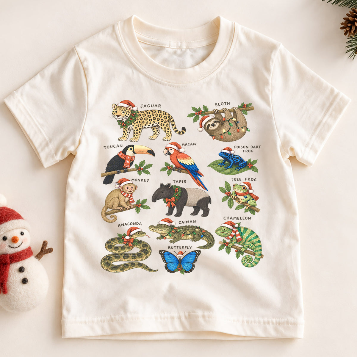 Rainforest Animals Christmas Shirt, Tropical Jungle Kids T-Shirt, Cute Sloth Jaguar Toucan Toddler Tee, Holiday Wildlife Graphic Top — product view 2