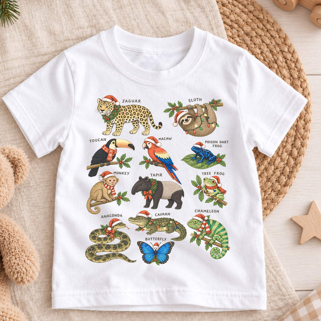 Rainforest Animals Christmas Shirt, Tropical Jungle Kids T-Shirt, Cute Sloth Jaguar Toucan Toddler Tee, Holiday Wildlife Graphic Top — product view 3