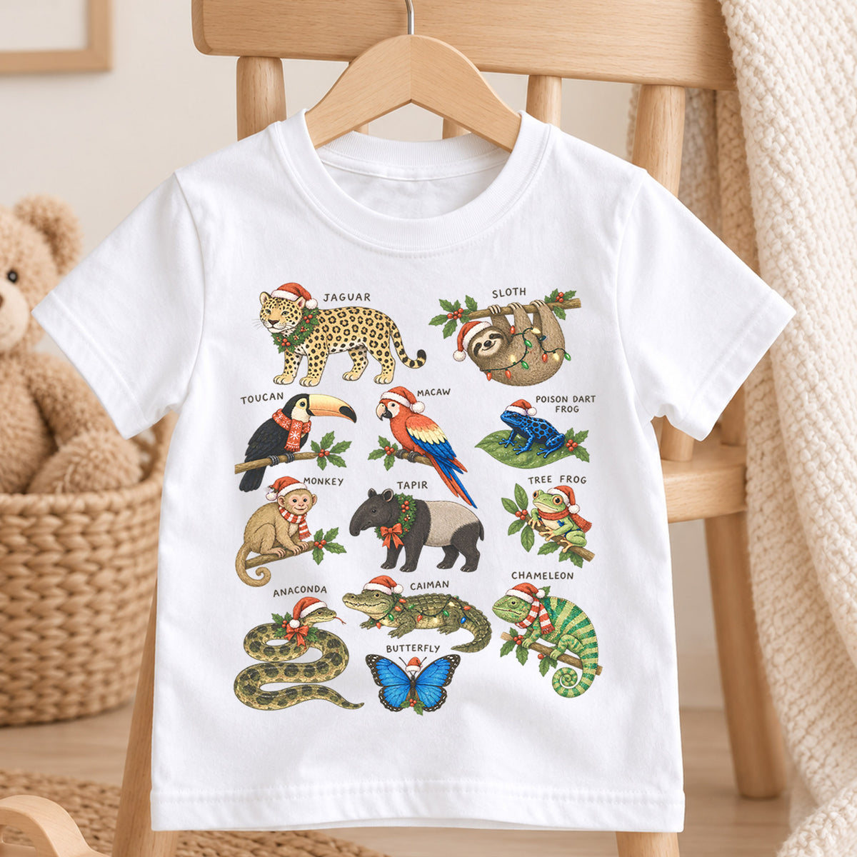 Rainforest Animals Christmas Shirt, Tropical Jungle Kids T-Shirt, Cute Sloth Jaguar Toucan Toddler Tee, Holiday Wildlife Graphic Top — product view 4