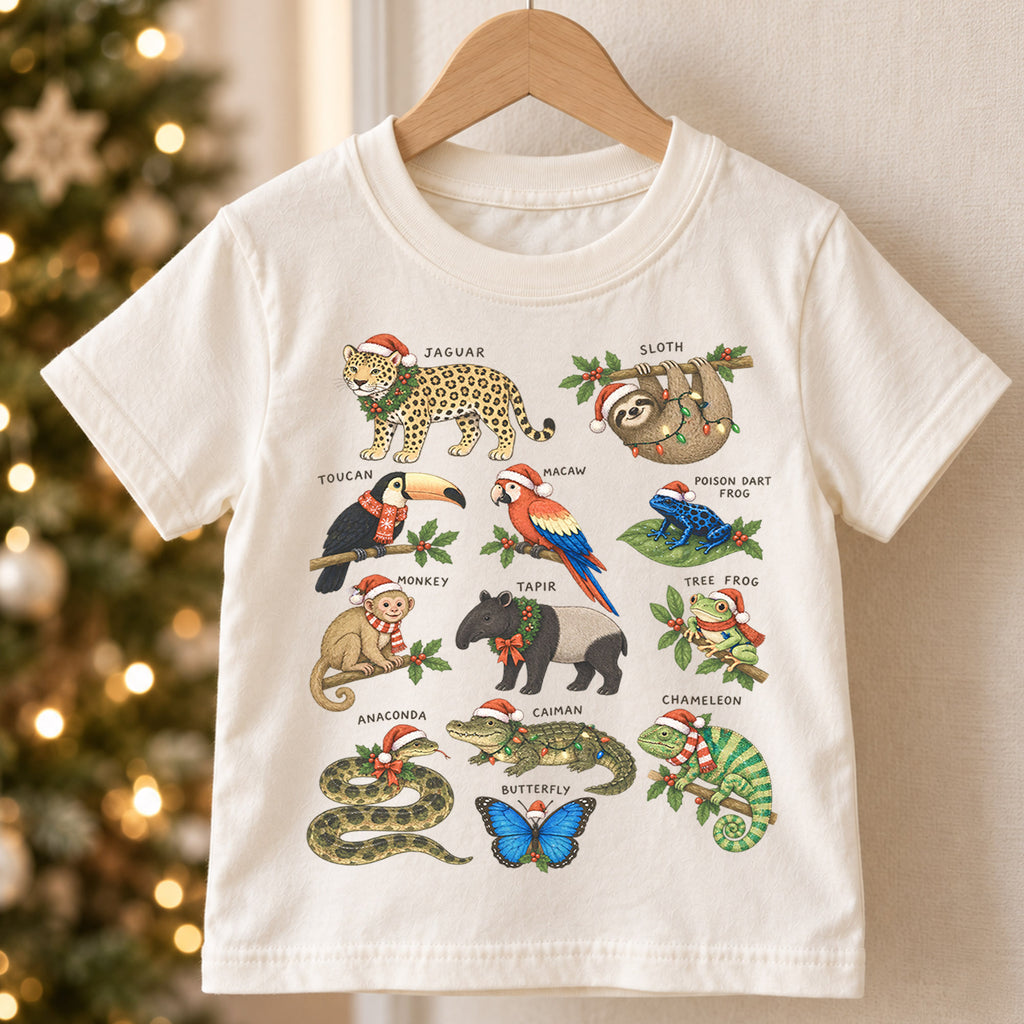 Rainforest Animals Christmas Shirt, Tropical Jungle Kids T-Shirt, Cute Sloth Jaguar Toucan Toddler Tee, Holiday Wildlife Graphic Top — product view 5