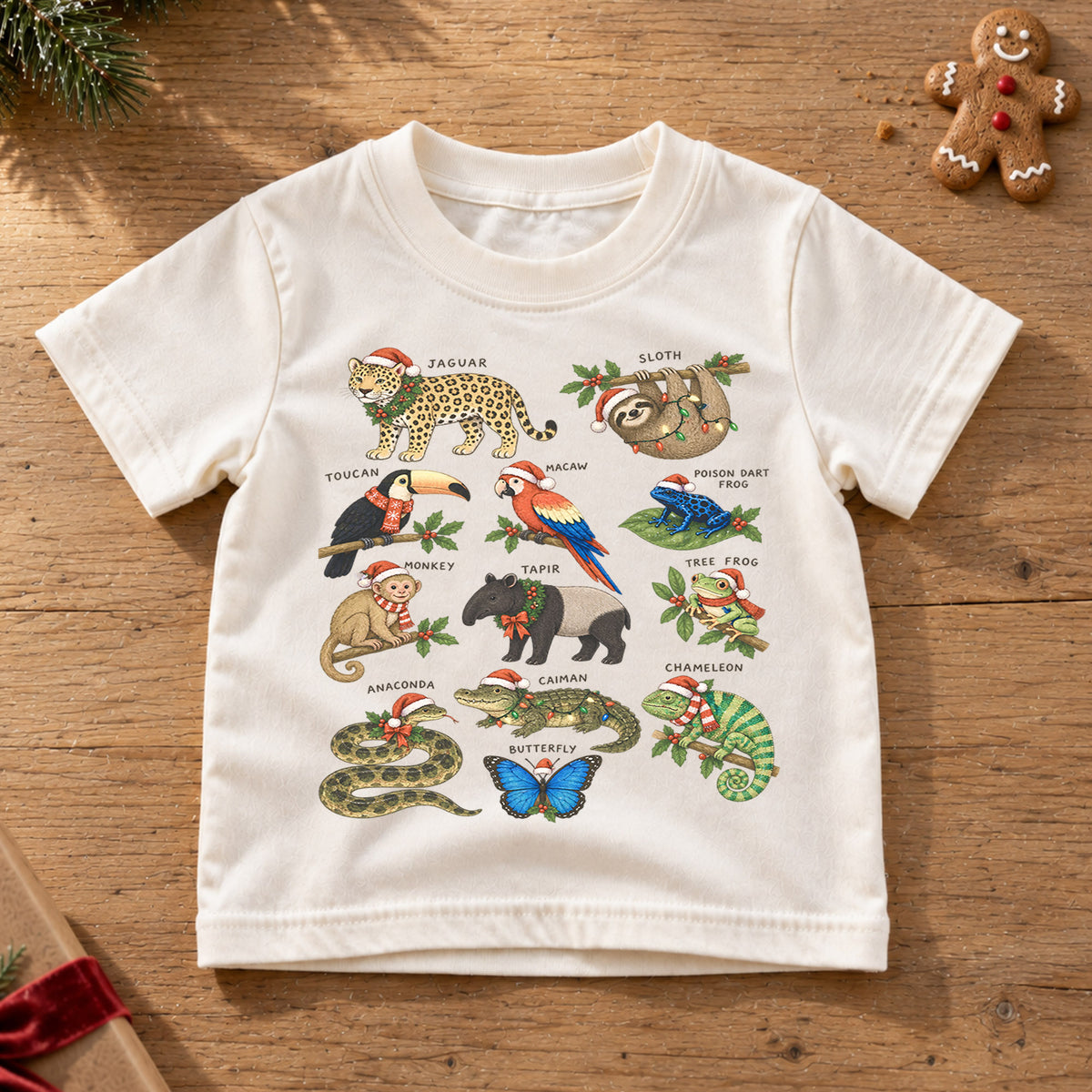 Rainforest Animals Christmas Shirt, Tropical Jungle Kids T-Shirt, Cute Sloth Jaguar Toucan Toddler Tee, Holiday Wildlife Graphic Top — product view 6