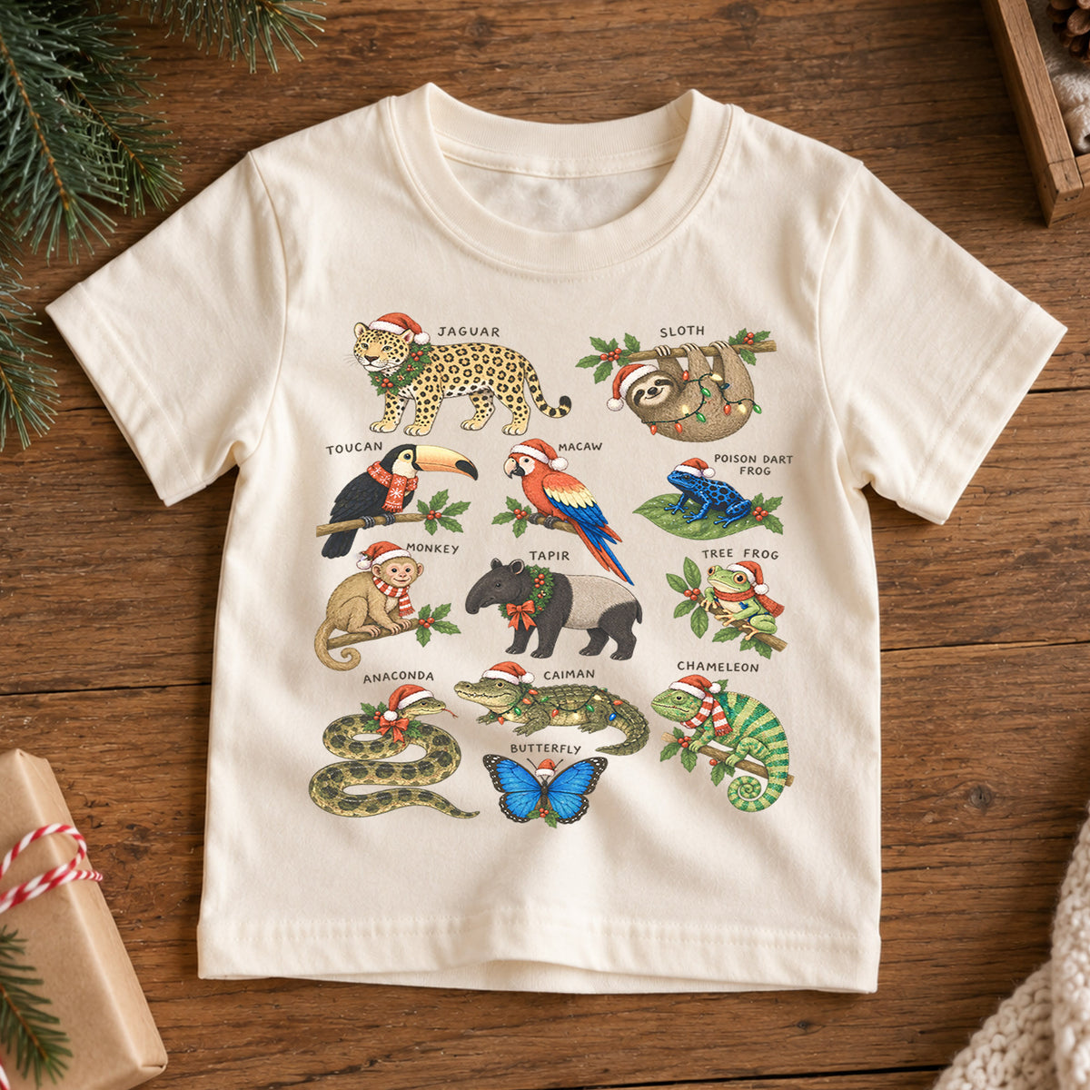 Rainforest Animals Christmas Shirt, Tropical Jungle Kids T-Shirt, Cute Sloth Jaguar Toucan Toddler Tee, Holiday Wildlife Graphic Top — product view 7