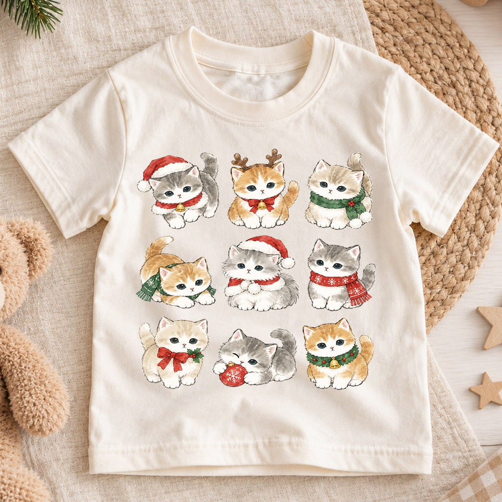 Cute Christmas Kittens Grid Shirt, Retro Holiday Cats Postage Tee, Festive Winter Kids Top, Cute Kitty Christmas Outfit, Gift For Kids — product view 1