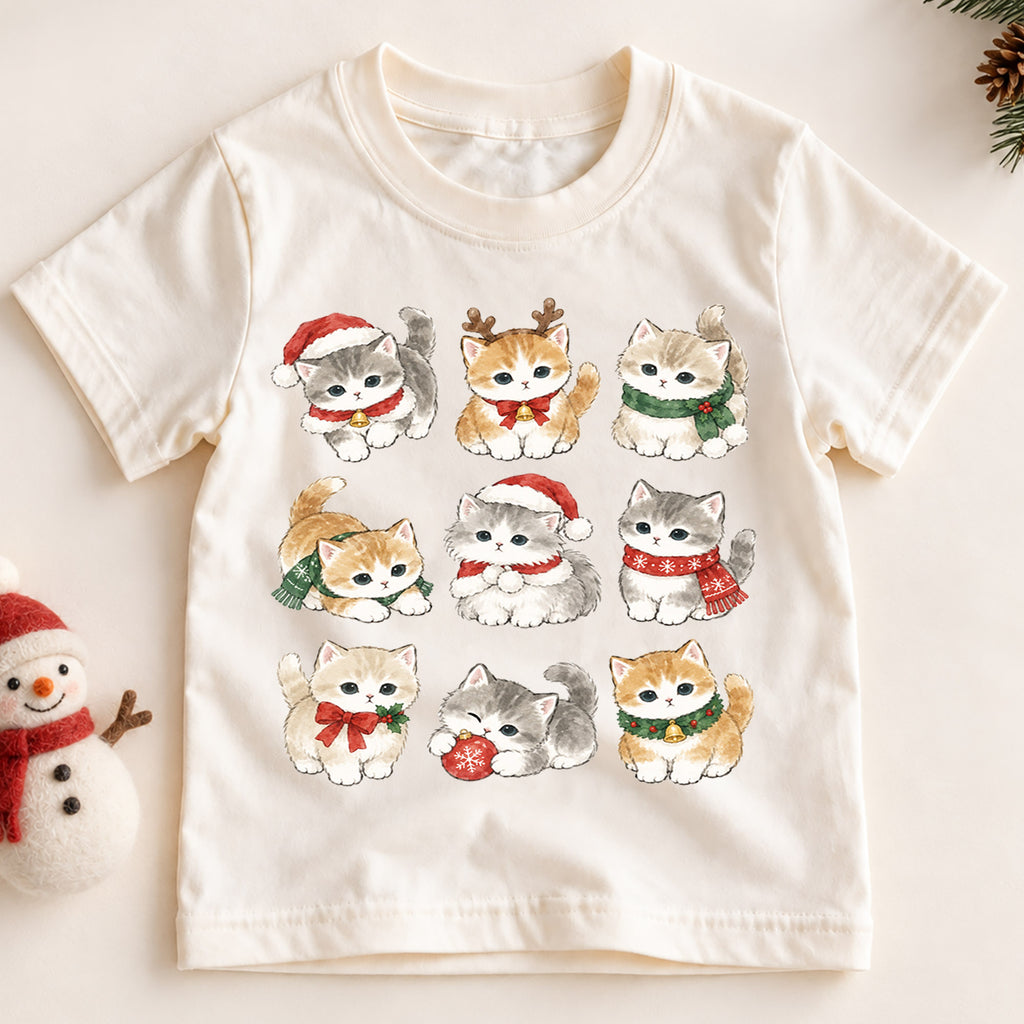 Cute Christmas Kittens Grid Shirt, Retro Holiday Cats Postage Tee, Festive Winter Kids Top, Cute Kitty Christmas Outfit, Gift For Kids — product view 2