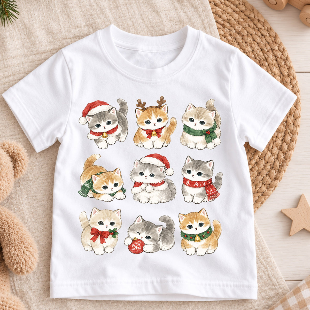 Cute Christmas Kittens Grid Shirt, Retro Holiday Cats Postage Tee, Festive Winter Kids Top, Cute Kitty Christmas Outfit, Gift For Kids — product view 3