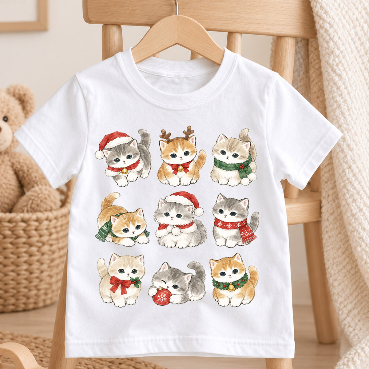 Cute Christmas Kittens Grid Shirt, Retro Holiday Cats Postage Tee, Festive Winter Kids Top, Cute Kitty Christmas Outfit, Gift For Kids — product view 4