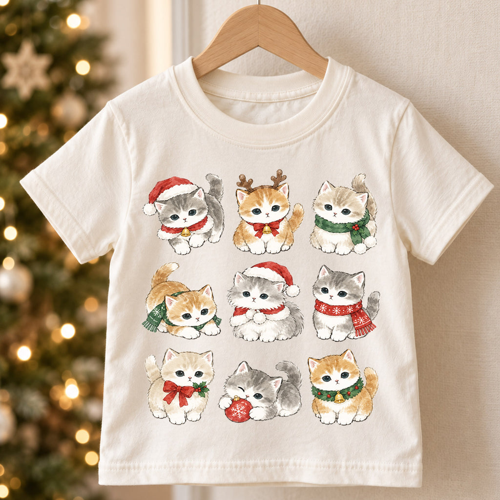 Cute Christmas Kittens Grid Shirt, Retro Holiday Cats Postage Tee, Festive Winter Kids Top, Cute Kitty Christmas Outfit, Gift For Kids — product view 5