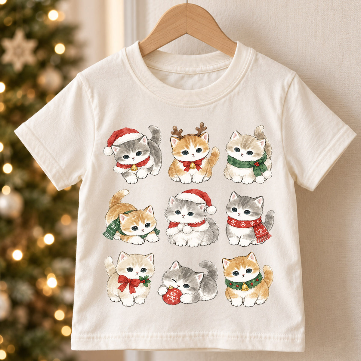 Cute Christmas Kittens Grid Shirt, Retro Holiday Cats Postage Tee, Festive Winter Kids Top, Cute Kitty Christmas Outfit, Gift For Kids — product view 5