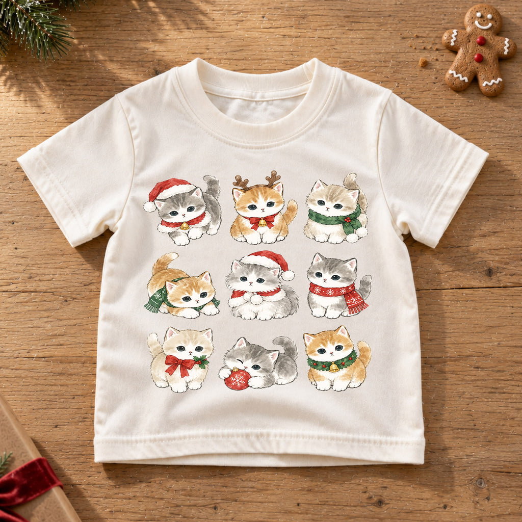 Cute Christmas Kittens Grid Shirt, Retro Holiday Cats Postage Tee, Festive Winter Kids Top, Cute Kitty Christmas Outfit, Gift For Kids — product view 6