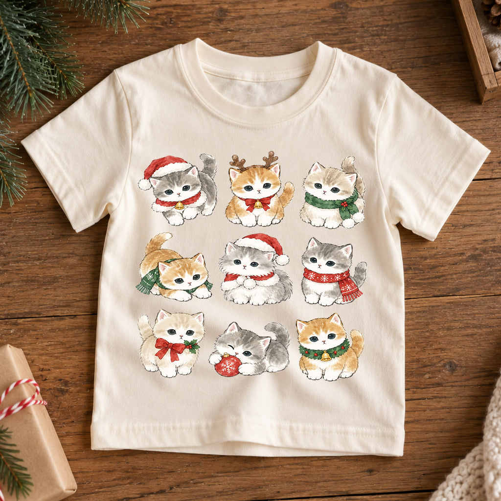Cute Christmas Kittens Grid Shirt, Retro Holiday Cats Postage Tee, Festive Winter Kids Top, Cute Kitty Christmas Outfit, Gift For Kids — product view 7