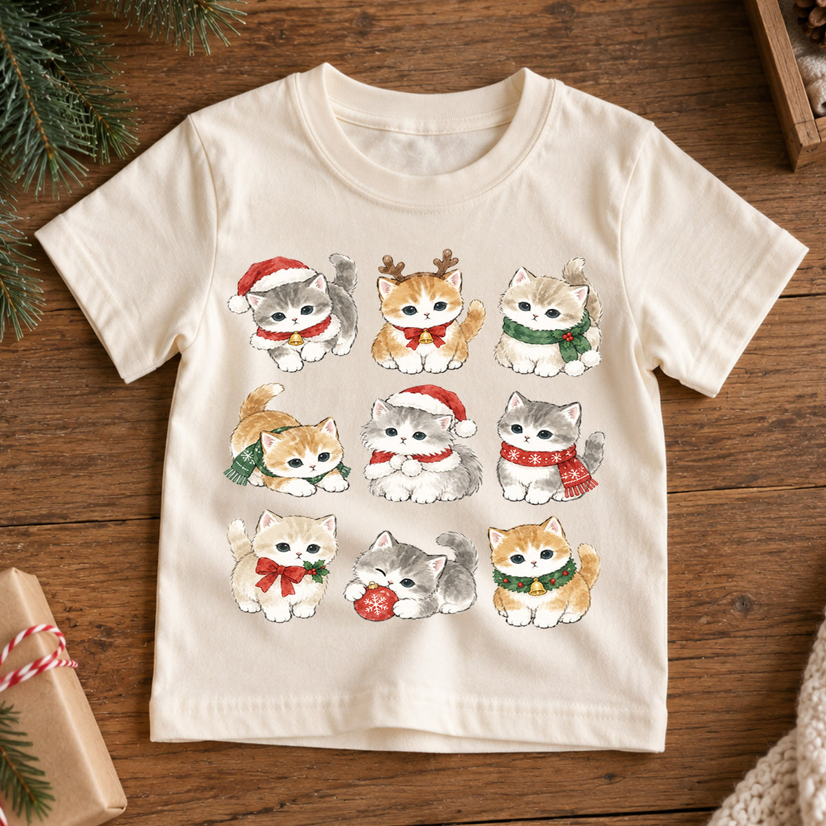 Cute Christmas Kittens Grid Shirt, Retro Holiday Cats Postage Tee, Festive Winter Kids Top, Cute Kitty Christmas Outfit, Gift For Kids — product view 7