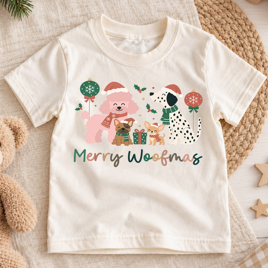 Merry Woofmas Dogs Christmas Shirt, Poodle Dalmatian Holiday Tee, Festive Puppy Kids Top, Cute Dog Christmas Outfit, Gift For Children — product view 1
