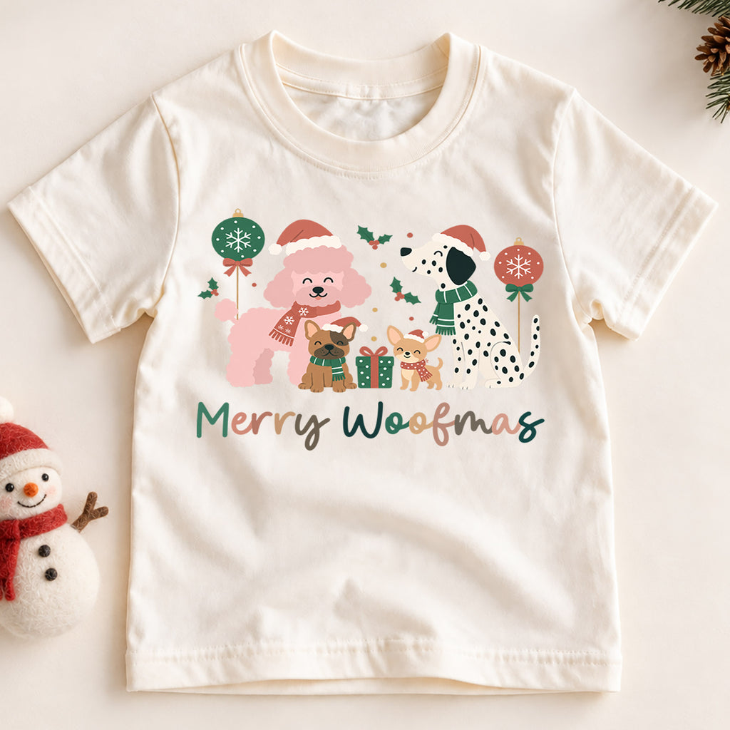 Merry Woofmas Dogs Christmas Shirt, Poodle Dalmatian Holiday Tee, Festive Puppy Kids Top, Cute Dog Christmas Outfit, Gift For Children — product view 2