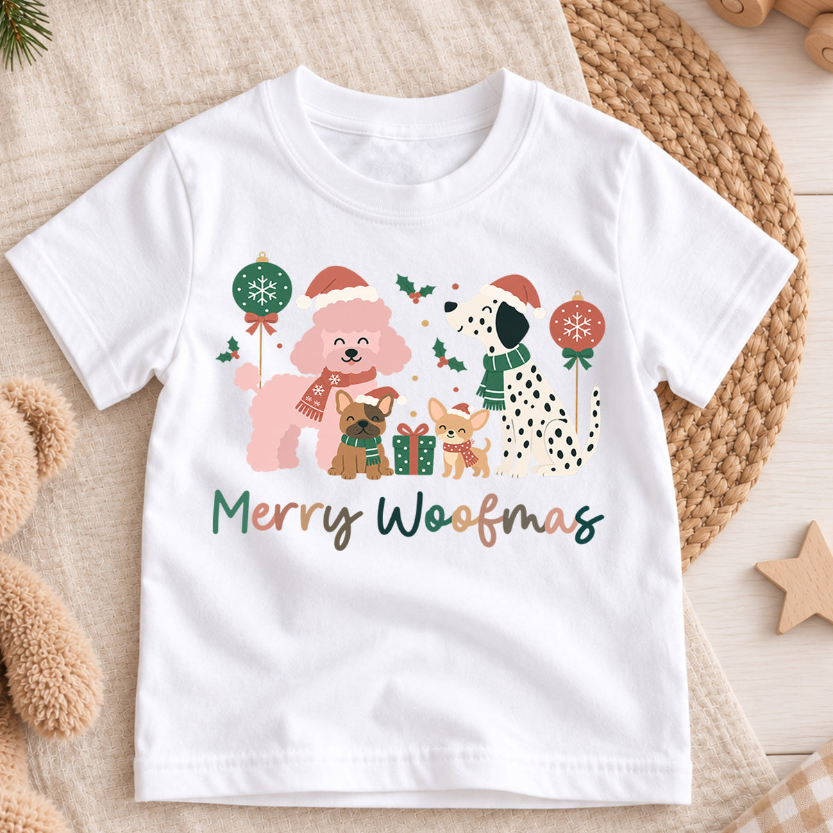 Merry Woofmas Dogs Christmas Shirt, Poodle Dalmatian Holiday Tee, Festive Puppy Kids Top, Cute Dog Christmas Outfit, Gift For Children — product view 3