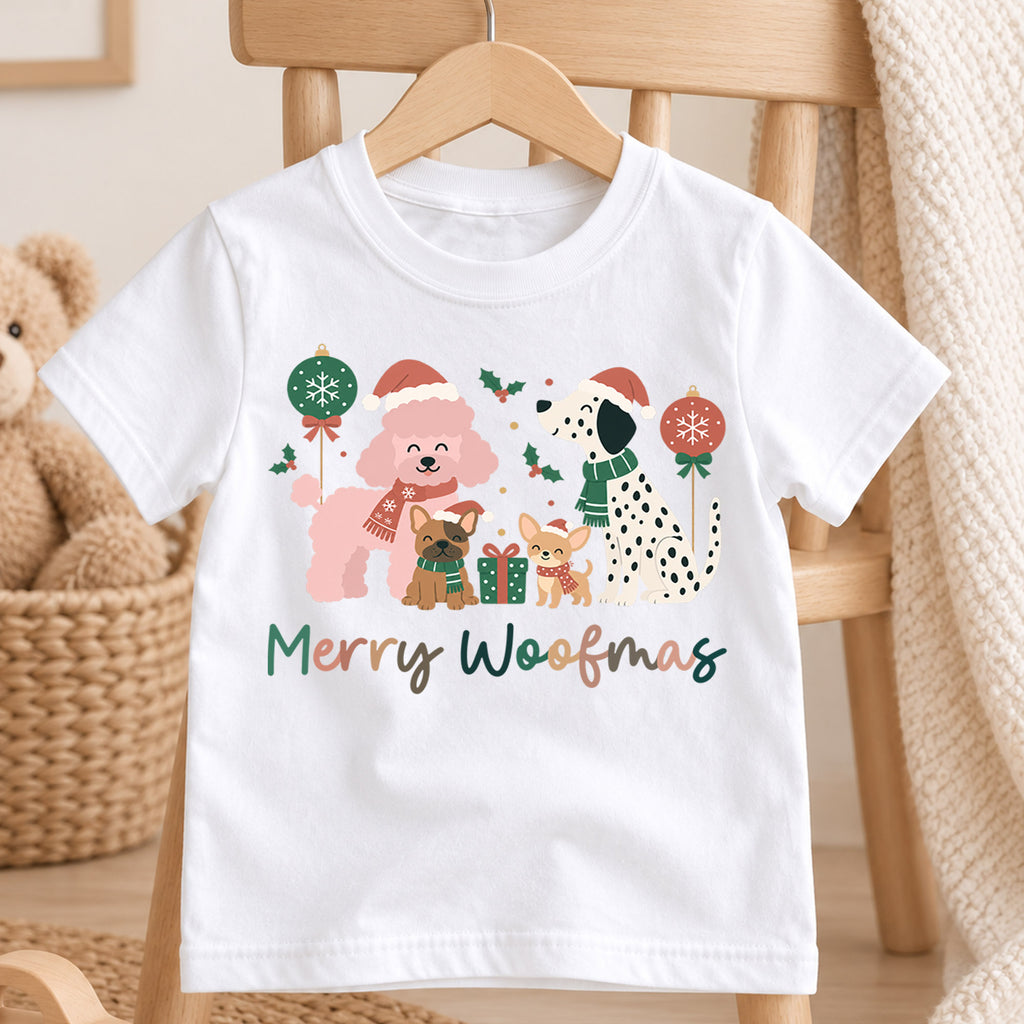 Merry Woofmas Dogs Christmas Shirt, Poodle Dalmatian Holiday Tee, Festive Puppy Kids Top, Cute Dog Christmas Outfit, Gift For Children — product view 4