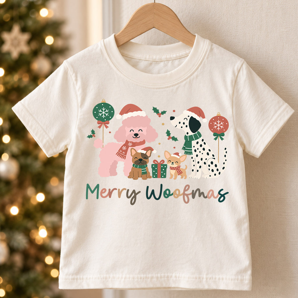 Merry Woofmas Dogs Christmas Shirt, Poodle Dalmatian Holiday Tee, Festive Puppy Kids Top, Cute Dog Christmas Outfit, Gift For Children — product view 5