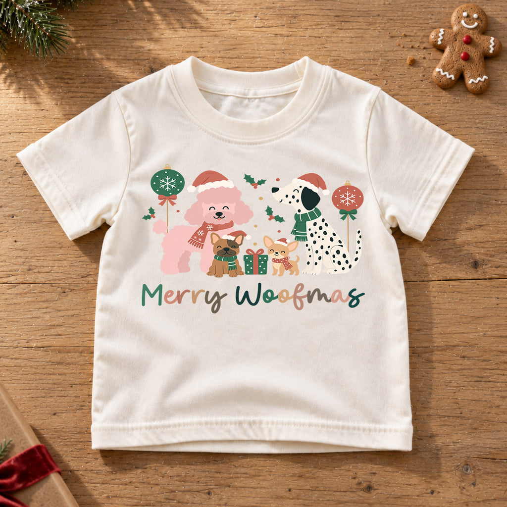 Merry Woofmas Dogs Christmas Shirt, Poodle Dalmatian Holiday Tee, Festive Puppy Kids Top, Cute Dog Christmas Outfit, Gift For Children — product view 6