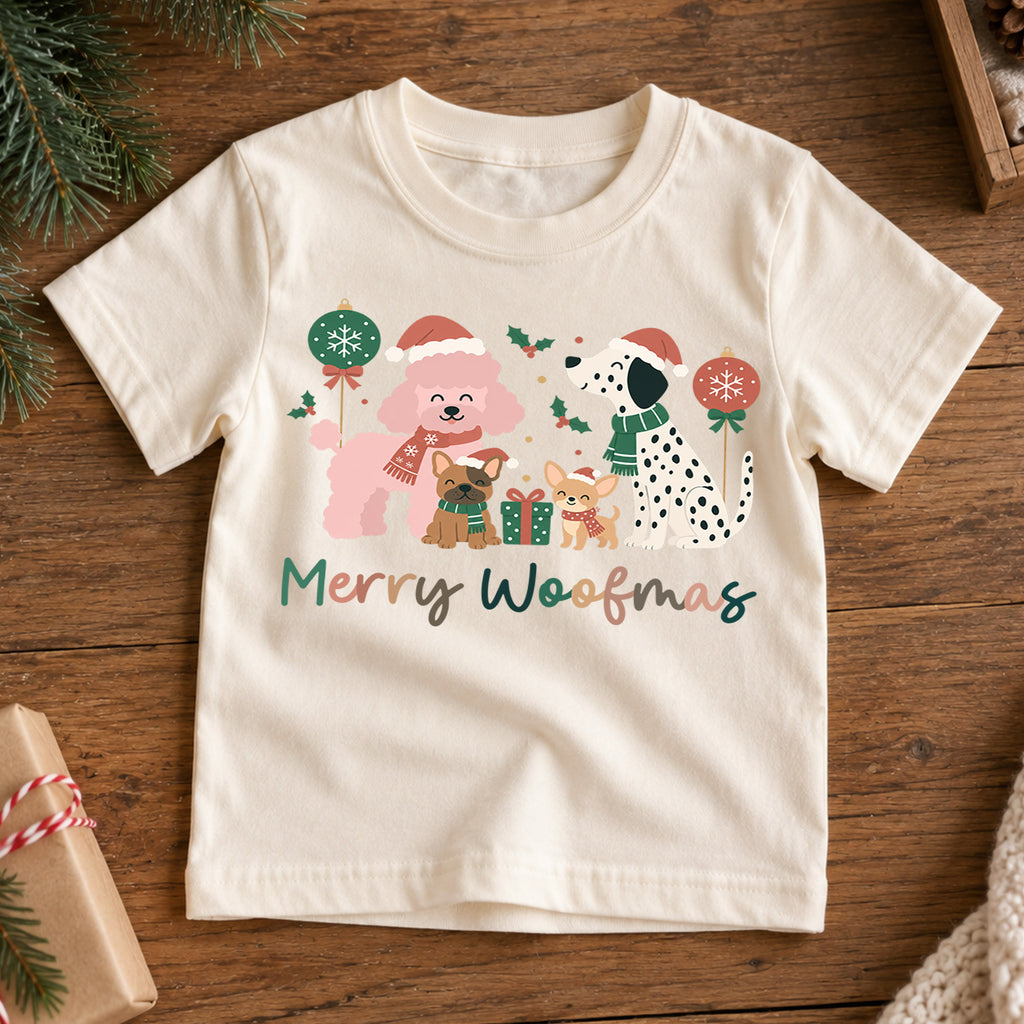 Merry Woofmas Dogs Christmas Shirt, Poodle Dalmatian Holiday Tee, Festive Puppy Kids Top, Cute Dog Christmas Outfit, Gift For Children — product view 7