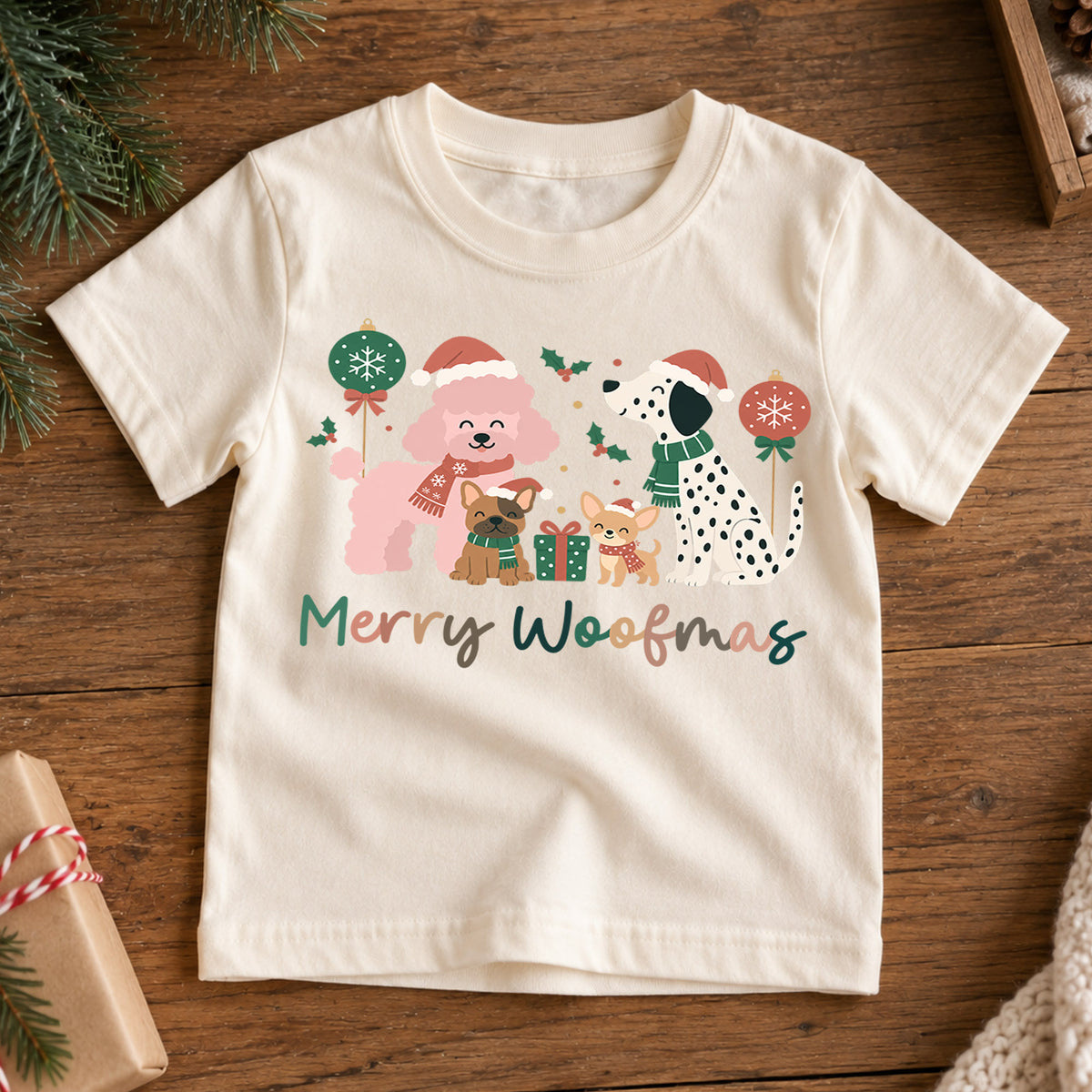 Merry Woofmas Dogs Christmas Shirt, Poodle Dalmatian Holiday Tee, Festive Puppy Kids Top, Cute Dog Christmas Outfit, Gift For Children — product view 7