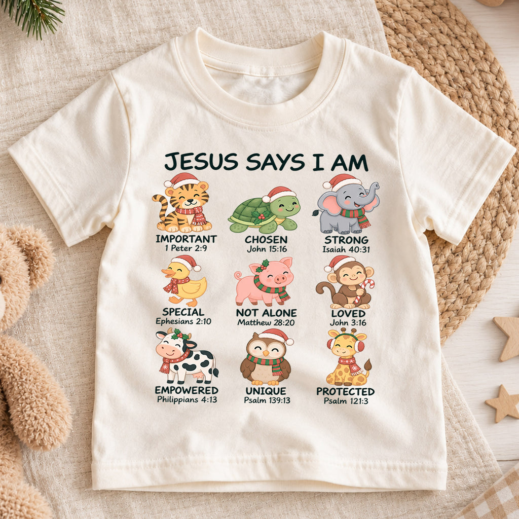 Christian Animals Christmas Shirt, Jesus Says I Am Bible Verse Kids Tee, Festive Faith Top, Christian Holiday Animal Outfit, Gift For Kids — product view 1