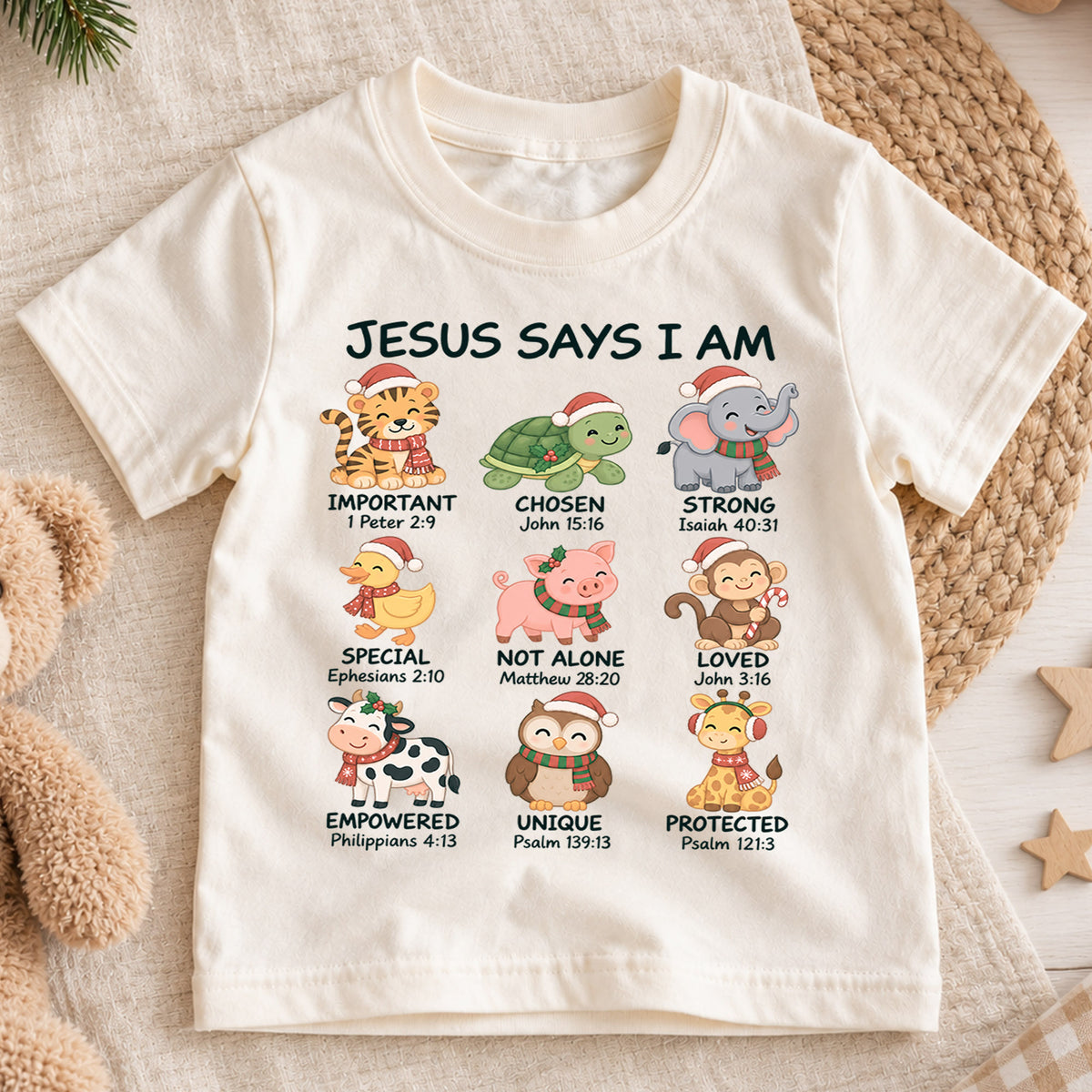 Christian Animals Christmas Shirt, Jesus Says I Am Bible Verse Kids Tee, Festive Faith Top, Christian Holiday Animal Outfit, Gift For Kids — product view 1